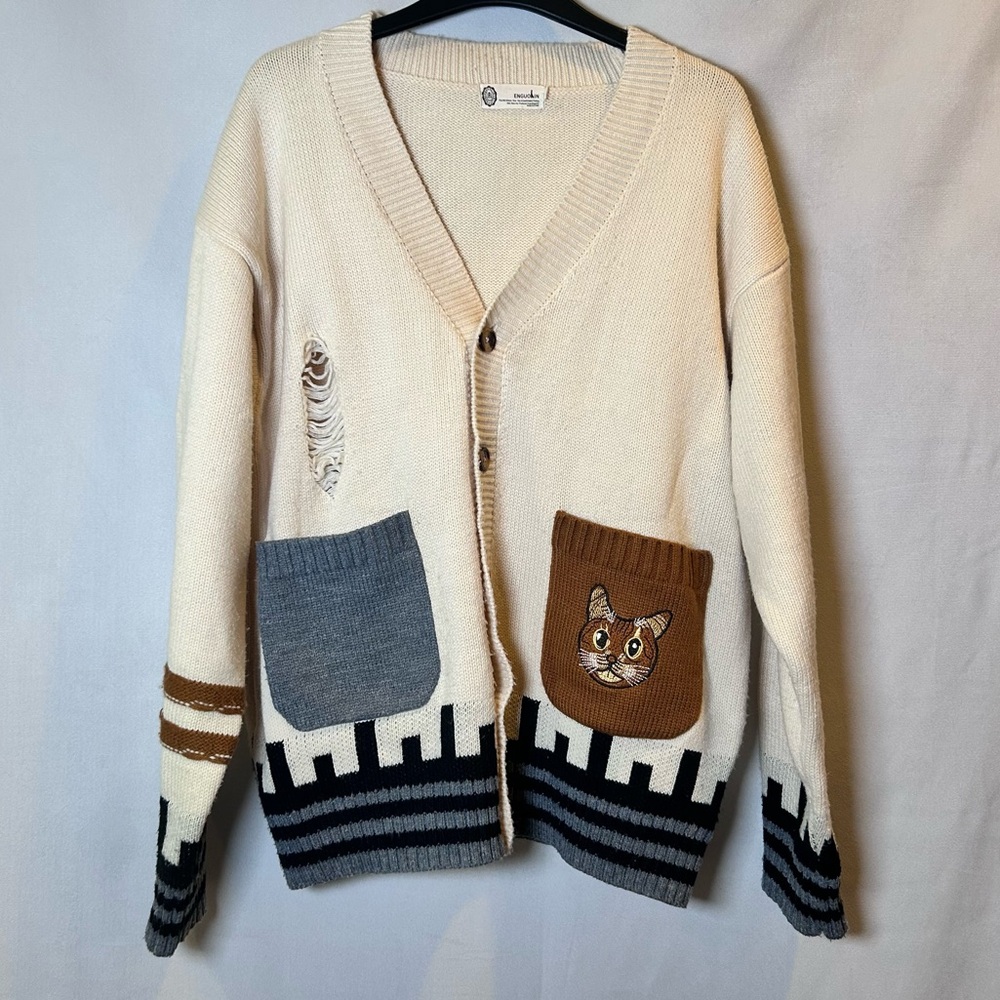 Enguolin Cat Pocket Oversized Cardigan Cream Knit Distressed Indie Twee Size XL - Picture 11 of 11